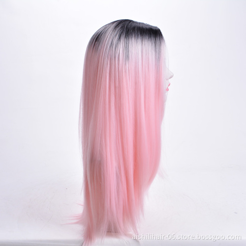 Aishili wholesale heat resistant long straight synthetic hair ombre black to pink synthetic hair wigs for women
